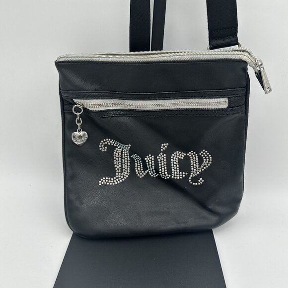 Black Juicy Couture Leather Crossbody Messenger Bag Studded Logo - Picture 1 of 6